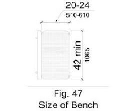  Bench size shown in plan view to be 20 inches minimum to 24 inches maximum wide and 42 inches long minimum.